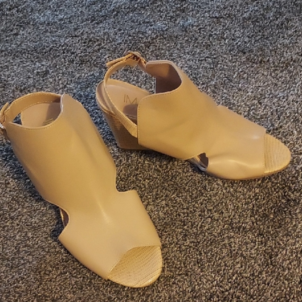 IMAN Beige Peep-Toe Wedges